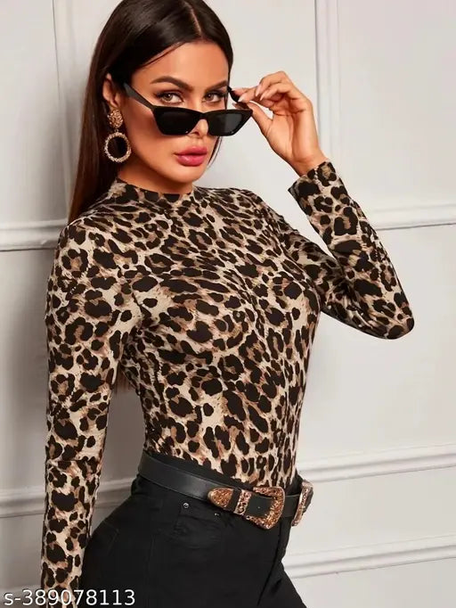 Casual Polyester Blend High Neck And Long Sleeves Animal Printed Black Stylish Top ( 23"Inches)