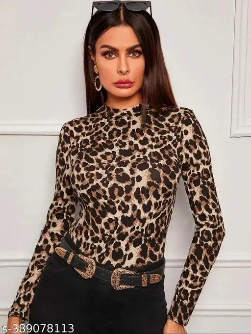 Casual Polyester Blend High Neck And Long Sleeves Animal Printed Black Stylish Top ( 23"Inches)