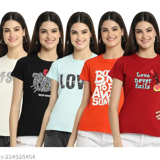 Women Regular Printed Cotton Tshirt Pack of 5