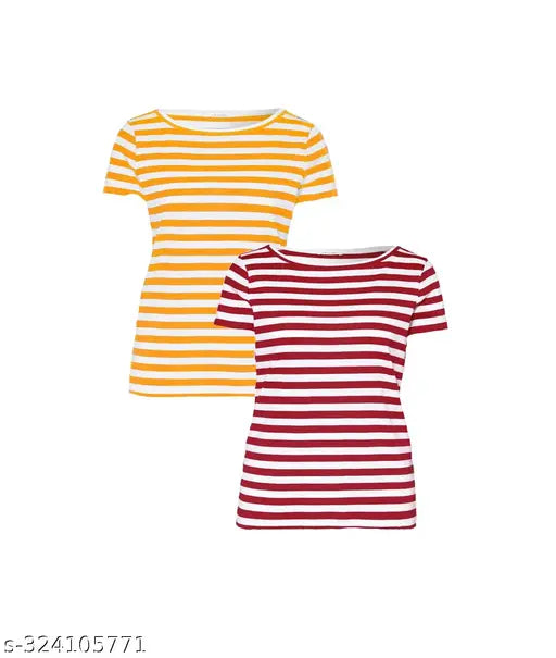 Simple Fancy Trendy Feminine Comfort Premium Women's and girl's Tops and Tshirts Pack of 2 Multicolor Cotton Striped short sleeves t-shirt with stylish printed round neck Pink ; white and Yellow ; white