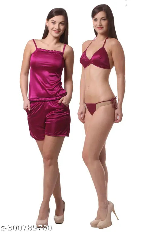 Being Fab Women's Satin Nightwear Set with Frill Accents - Includes Top, Shorts, and Bikini Set (Available in XS-6XL and 12 Colors)