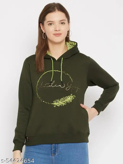 Women's Olive Printed Hooded Sweatshirt