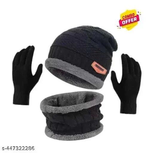 Trendy Winter Woolen Beanie Cap and Glove Set for Extra protection From cold for Men & Women (Black).