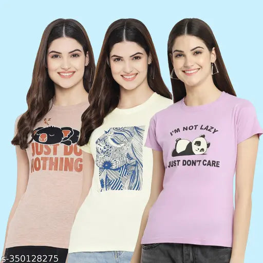 Cotton Printed Short Sleeve Tshirt For Women - Pack of 3