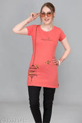 Angel Curve Trendy Women Long Tshirts/top Printed 100% Cotton Bio Wash Round Neck with Side Pocket