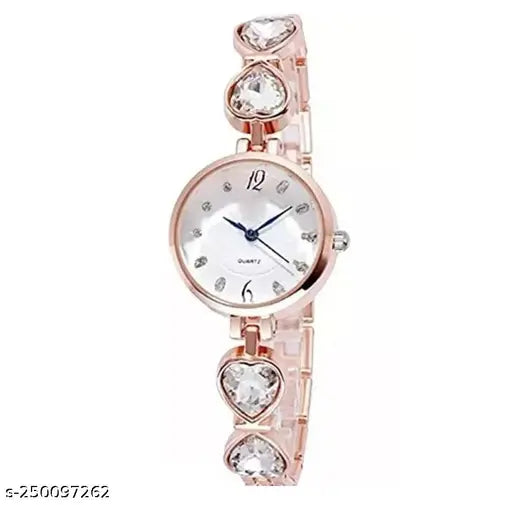 Trandy And beautiful Analog White Dial Watch With Heart Shape Rosegold Bracelet Combo Pack Of 2