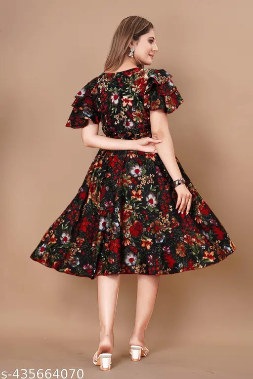 Women Black & Red Tropical Print Layered Knee Length Dress