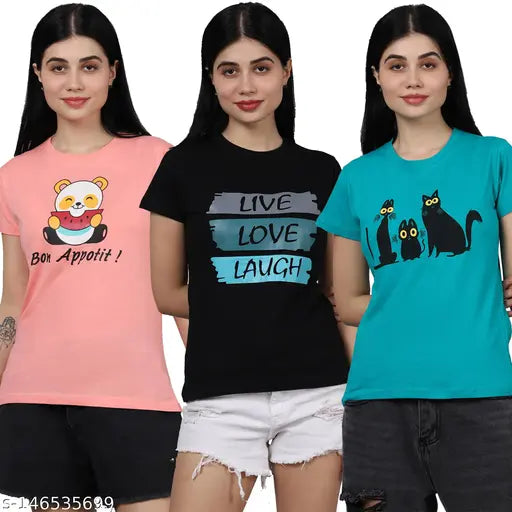 Trendy Women Cotton Printed Tshirt Pack Of 3 (Women Tshirt-36-38-39)