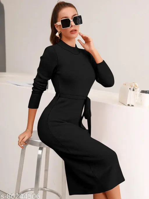 IMPEX Women's New Full Sleeve Round Neck Stretchable Knee Length Trending Western One Piece.