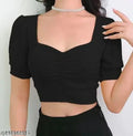 Trendy Short Sleeve Sleeve Solid Black Crop Top For Women