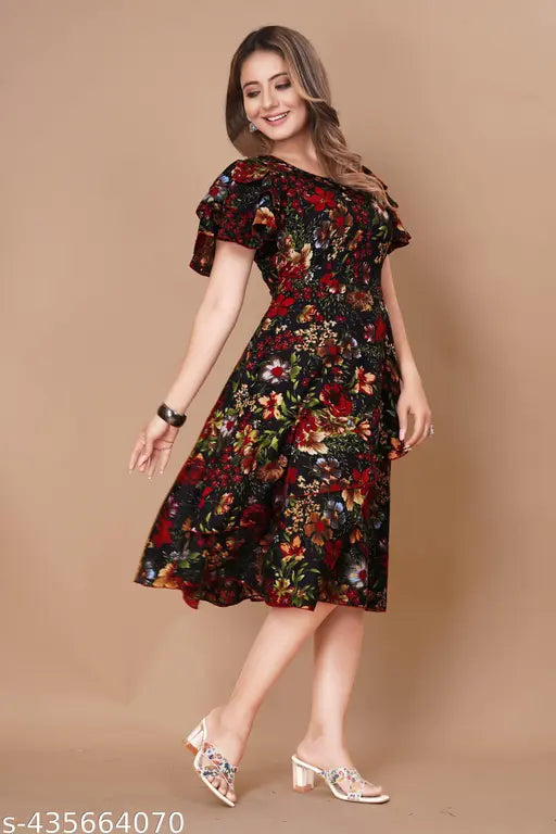 Women Black & Red Tropical Print Layered Knee Length Dress