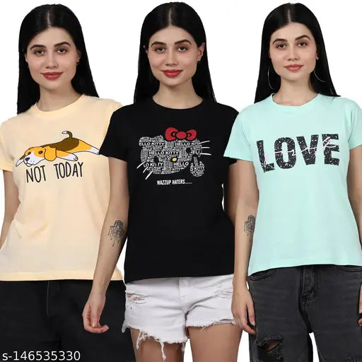 Trendy Women Cotton Printed Tshirt Pack Of 3 (Women Tshirt-41-45-46)