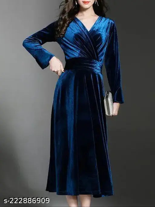 WST-002 Royal Blue V-Neck Velvet Long Dress