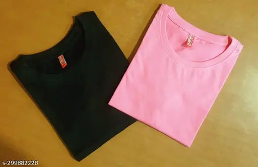 AFAP Women's Plain Round Neck T-shirt (Pack of 2 ) pink black