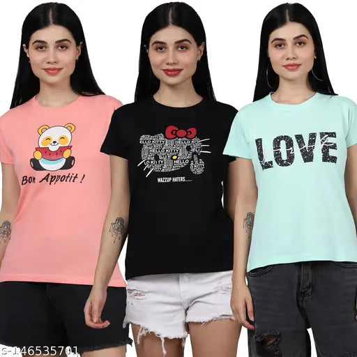 Trendy Women Cotton Printed Tshirt Pack Of 3 (Women Tshirt-36-38-39)