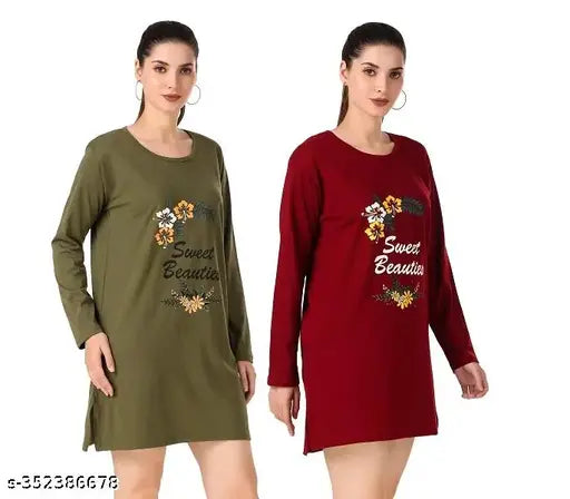 Trike Women Cotton Printed Full Sleeves Round Neck Regular Fit T-Shirts/Top/Long Night Wear T-Shirt for Women's & Girls (Set of 2)