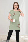 Angel Curve Trendy Women Long Tshirts/top Printed 100% Cotton Bio Wash Round Neck with Side Pocket