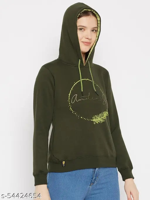 Women's Olive Printed Hooded Sweatshirt