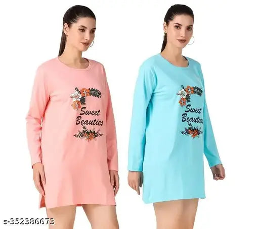 Trike Women Cotton Printed Full Sleeves Round Neck Regular Fit T-Shirts/Top/Long Night Wear T-Shirt for Women's & Girls (Set of 2)