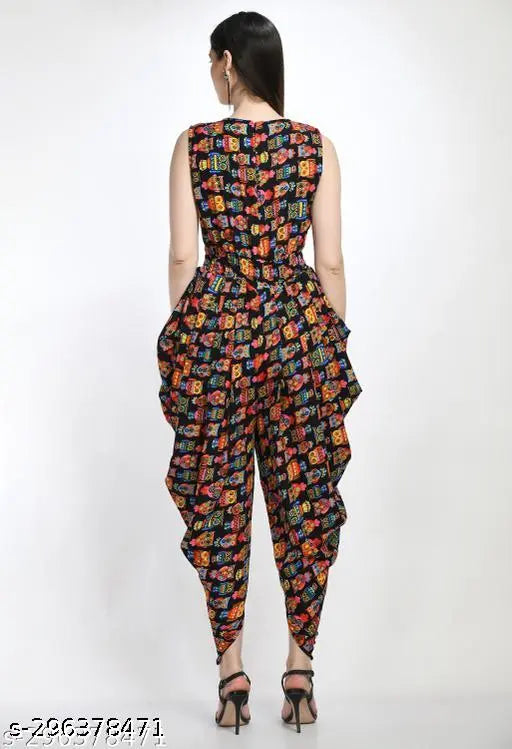 Fancy, modern, fashionable, classic, and latest women’s printed sleeveless maxi dhoti jumpsuit. Stylish one-piece dress with digital owl print, perfect for party wear