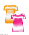 Simple Fancy Trendy Feminine Comfort Premium Women's and girl's Tops and Tshirts Pack of 2 Multicolor Cotton Striped short sleeves t-shirt with stylish printed round neck Pink ; white and Yellow ; white