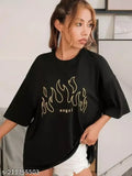 Calm Down Oversized 3/4 Sleeve Round Neck Black Printed T-shirt for Women