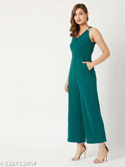 Miss Chase Women's Solid V-neck Green Jumpsuits