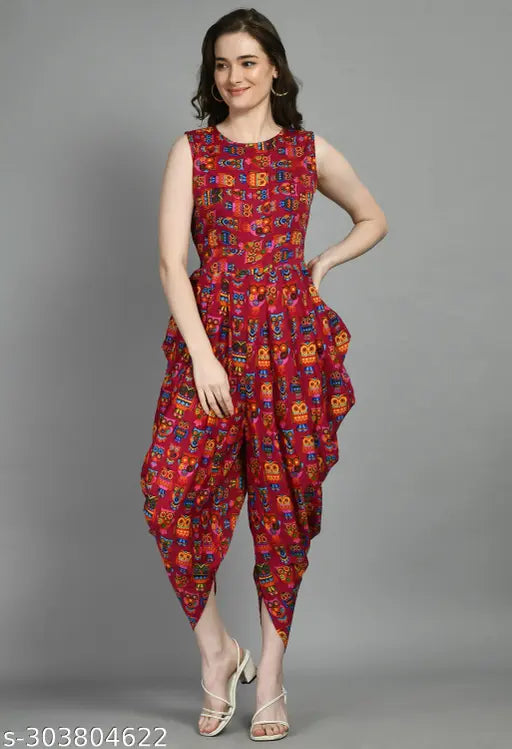 Multicolor Printed Dhoti Jumpsuit One Piece Dress For Girls & Women's For Daily/Occasional/ Party Wear Use (Pack of 1)