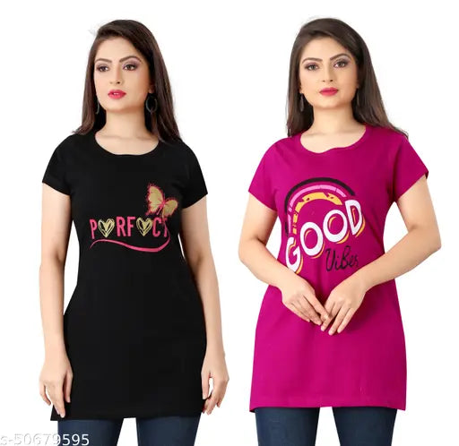 Comfy Elegant Cotton Women Tshirts(Pack of 2)