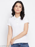 Women's White Solid Polo T-shirt has a Short Sleeves