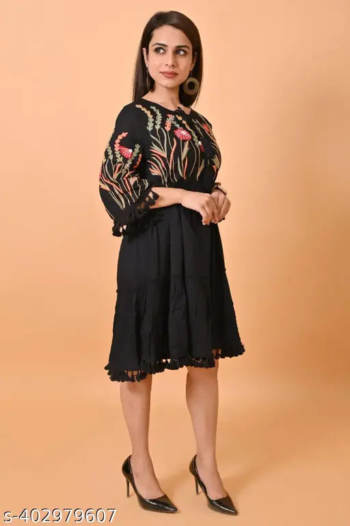 beautiful embroidery black colour rayon dress