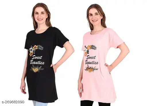 Women and Ladies Long Polo T-Shirt Round Neck Printed Half Sleeve combo pack of 2