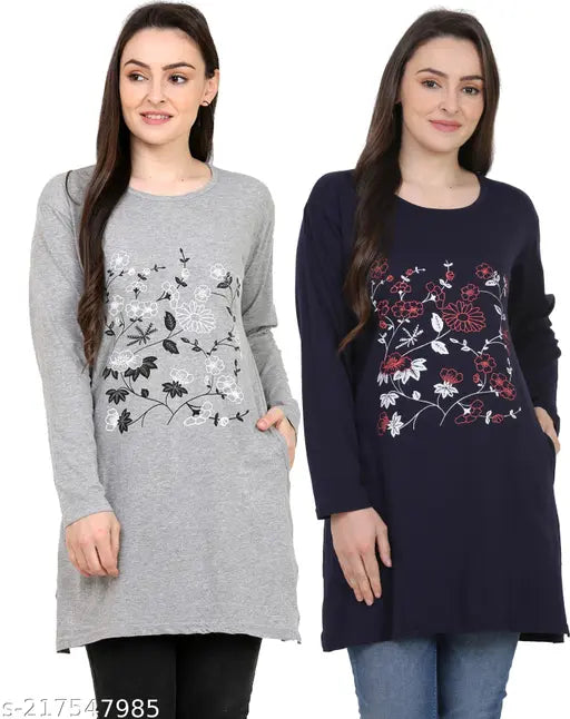 Women Long Cotton Printed T-Shirt Combo