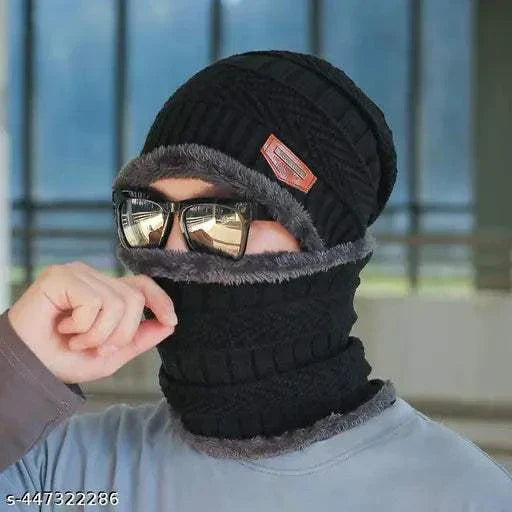 Trendy Winter Woolen Beanie Cap and Glove Set for Extra protection From cold for Men & Women (Black).