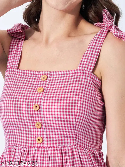 Pink & White Cotton Gingham Check Tiered Dress