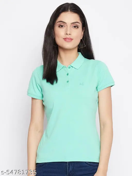 Women's White Solid Polo T-shirt has a Short Sleeves