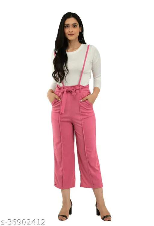 Trendy Ravishing Urbane Latest Women Partywear Pretty Comfy Stylish Latest & Fashionable Two Pieces Pink Dungaree Set- 1 Full Sleeve Round Neck White T Shirt & 1 Pink Fabulous Dungaree Dress Size- S-28, M-30, L-32 & XL-34