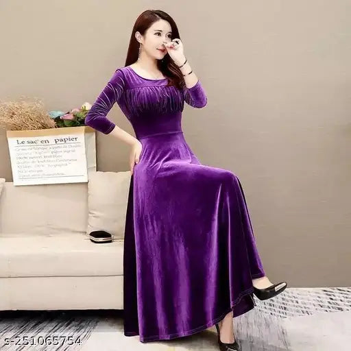 ASH_007 Stylish Purple Chest Gathered Velvet Long Dress