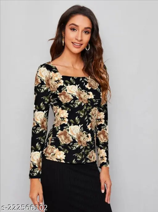 Casual Polyester Blend Square Neck And Long Sleeves Stylish Printed Top (23"Inches)