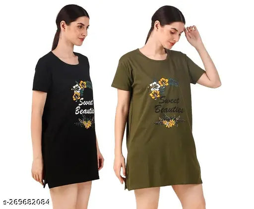 Women and Ladies Long Polo T-Shirt Round Neck Printed Half Sleeve combo pack of 2