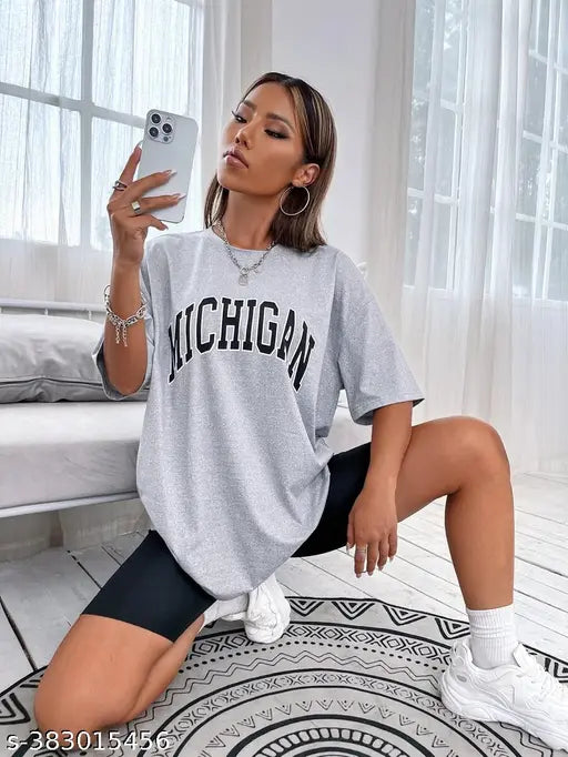 Calm Down Round Neck Oversized Printed T-shirt for Women