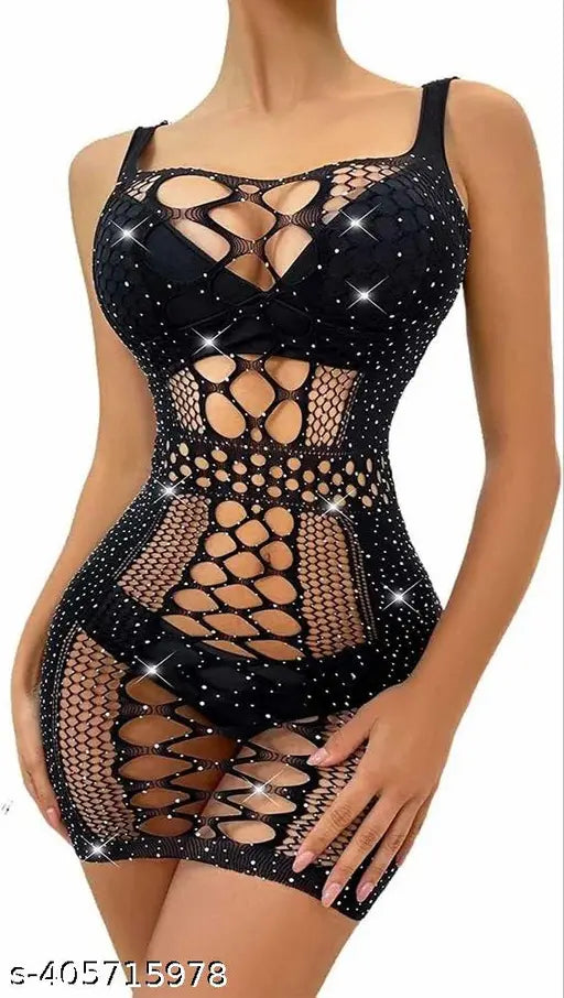 Caredone Women's Black Stone body stockings Fishnet Lingerie Short Length Bodysuits