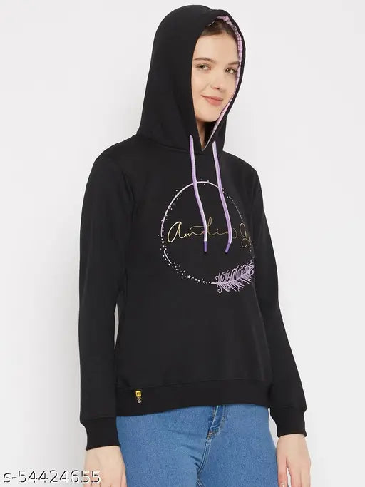 Women's Black Printed Hooded Sweatshirt