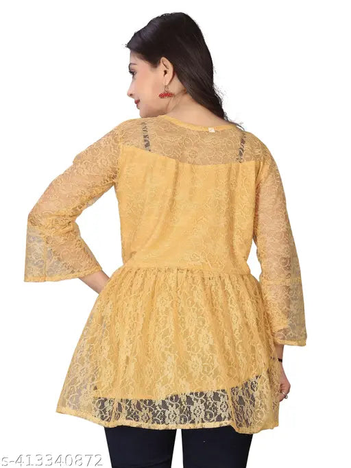 yellow lace blouse with bell sleeves is shown from the back. The blouse has a loose-fitting, peplum-style design.