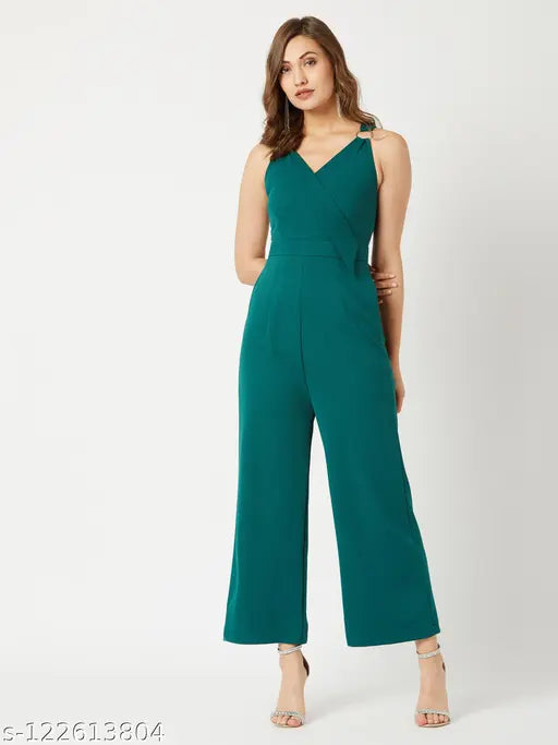 Miss Chase Women's Solid V-neck Green Jumpsuits