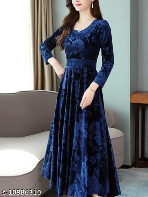 Navy Blue Print Velvet Long Dress