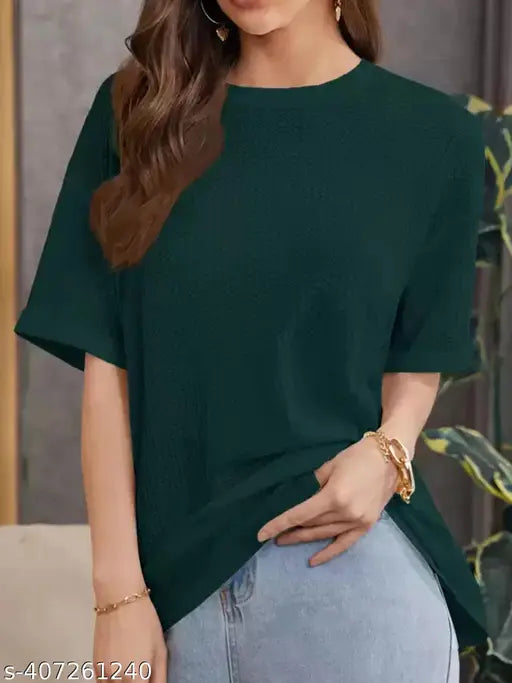 Trift Point Oversized Round Neck Printed Green Top for women's