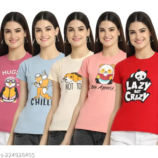 Women Regular Printed Cotton Tshirt Pack of 5