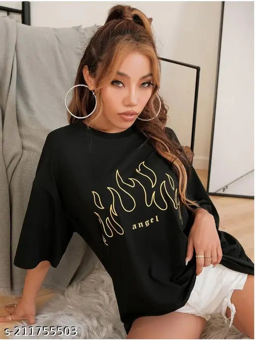 Calm Down Oversized 3/4 Sleeve Round Neck Black Printed T-shirt for Women