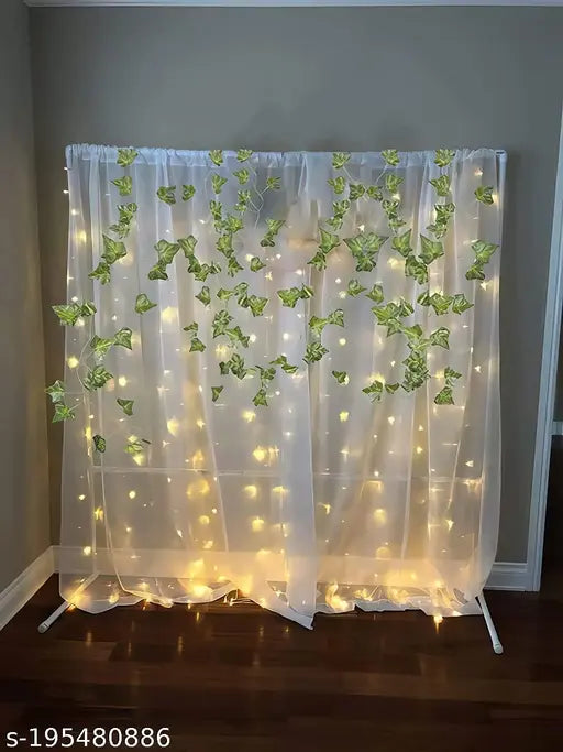 LIFE BETTER® Tulle White net Curtain Cloth Backdrop Combo with Green Leaves